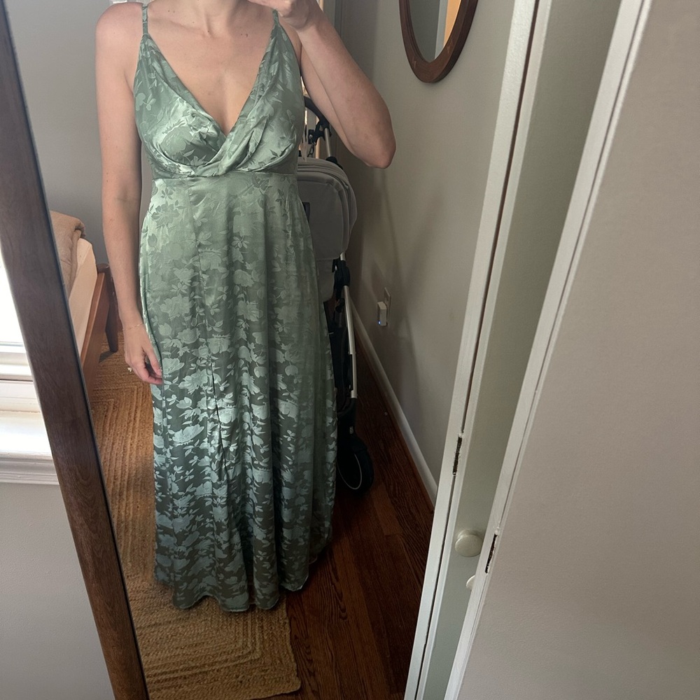 Lulus Sage Green Floral Satin Maxi Dress